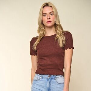 214B-BROWN. Lettuce Hem Short Sleeve Ribbed Tee
